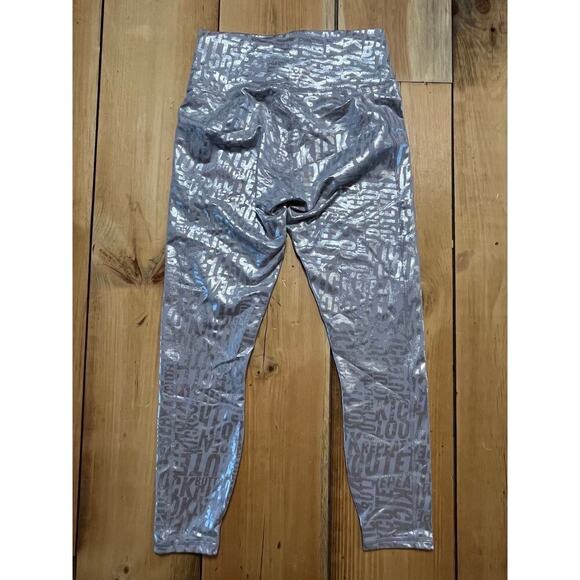 Fabletics Power Hold Size Small Silver Metallic Shiny Leggings. graphics. Small - Picture 2 of 7